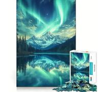 Rompecabezas para Adultos 1000 Piezas Aurora Boreal Lago de montaña Arte de Corte Exacto Juego Divertido para concentrarse Juego para Relajarse Decoración navideña para la Pared (38x52cm)
