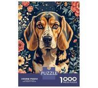 Rompecabezas para Adultos 1000 Piezas Beagle Portrait with Floral Background Rompecabezas para Adolescentes Juegos Relajantes Una Obra De Arte Cumpleaños Y Navidad 38x26cm/1000pcs
