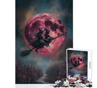 Rompecabezas para Adultos 1000 Piezas Brujas Volando en Escoba con Luna roja Juguetes antiestrés Gran Regalo para Juegos Juego práctico Descompresión Intelectual Tamaño 50x75cm