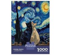 Rompecabezas para Adultos 1000 Piezas Cats Under Starry Night Painting Rompecabezas para Adultos Juego Práctico Mejora La Memoria Actividades Divertidas En Casa 38x26cm/1000pcs