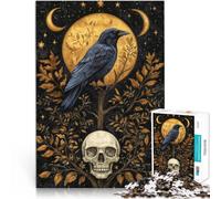 Rompecabezas para Adultos 1000 Piezas Cuervo místico y Calavera bajo la Luna Dorada Actividad Familiar Regalo de cumpleaños, Regalos 52x38cm