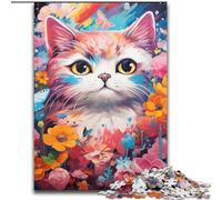Rompecabezas para Adultos, 1000 Piezas de cartón con diseño de Gato Colorido y Flores, Juego Familiar Interactivo, decoración del hogar, Regalo desafiante y acertijo, 1000 Piezas(26x38cm)