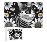 Rompecabezas para adultos, 1000 piezas de gato blanco y negro con margaritas, rompecabezas para adultos, juego difícil desafío para es ideal como regalo, 1000 piezas