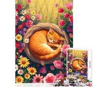 Rompecabezas para Adultos: 1000 Piezas de Gato Naranja durmiendo Entre Flores Juguete Educativo Regalo de cumpleaños Juego Imposible con póster a Juego y Hoja de Trivia 38x52cm