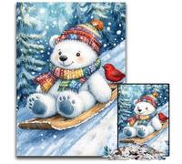 Rompecabezas para Adultos 1000 Piezas de Madera de Oso Blanco esquiando cumpleaños, festividades y Navidad 50x75cm