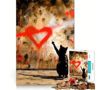 Rompecabezas para Adultos 1000 Piezas de Rompecabezas de Grafiti de Gato con corazón Rojo Juego de Ajuste Acertijo Regalo de ingenio Tiempo de diversión Tranquilo Regalo de Arte navideño