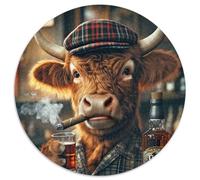Rompecabezas para Adultos,1000 Piezas,diseño de Vaca de Las Tierras Altas,Whisky y Puros,Rompecabezas Redondos de 1000 Piezas, cumpleaños y festividades (tamaño 67,5 x 67,5 cm)
