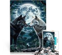 Rompecabezas para Adultos 1000 Piezas Dos Lobos en la Luna del Bosque Corte de precisión con Piezas de Formas aleatorias Que se entrelazan Completamente 50x70cm