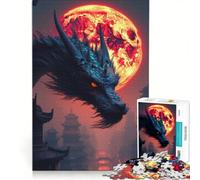 Rompecabezas para Adultos: 1000 Piezas Dragón sobre Ciudad asiática con Luna roja Juego Familiar, decoración del hogar Piezas de Formas aleatorias Que encajan Perfectamente 50x75cm
