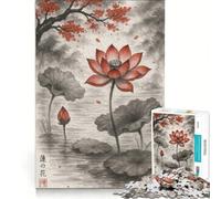 Rompecabezas para Adultos 1000 Piezas Flor de Loto en Pintura a la Tinta Juegos Familiares interacción Entre Padres e Hijos Regalo de Juego desafiante 38x52cm