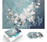 Rompecabezas para Adultos 1000 Piezas Flores Blancas sobre Azul Juguetes para aliviar el estrés con póster a Juego y Hoja de Trivia 50x70cm