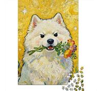 Rompecabezas para Adultos 1000 Piezas Fluffy White Dog with Flowers Rompecabezas para Adultos Juegos Divertidos Decoración del Hogar Actividades Divertidas En Casa 52x38cm/1000pcs