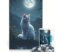 Rompecabezas para Adultos 1000 Piezas Gato Blanco bajo la luz de la Luna Juego práctico para divertirse en Familia y Fortalecer el Amor en Pareja 38x26cm