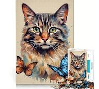 Rompecabezas para Adultos 1000 Piezas Gato con Mariposa Estética Borde Exacto Arte Enfoque Juguete de construcción Juego Tiempo Acogedor Arte de Pared navideño (38x26cm)