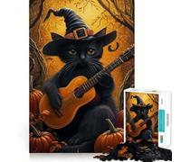 Rompecabezas para Adultos 1000 Piezas Gato con Sombrero de Bruja y Guitarra Juego de Ajuste Acertijo Regalo Divertido y Relajante Arte (50x75cm)
