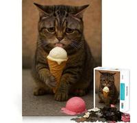 Rompecabezas para Adultos 1000 Piezas Gato lamiendo un Cono de Helado Juego de Ajuste Acertijo Regalo para ejercitar la Mente Tiempo de diversión Tranquilo Regalo de Arte navideño (38x26cm)