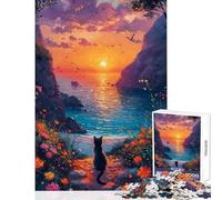 Rompecabezas para Adultos 1000 Piezas Gato Mirando la Puesta de Sol Junto al mar Juguete para decoración de Pared Regalo de cumpleaños Juego Familiar Adecuado para decoración de Escritorio 50x75cm