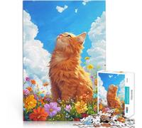 Rompecabezas para Adultos 1000 Piezas Gato Naranja en un Campo de Flores Juego de Preguntas Interacción Entre Padres e Hijos 75x50cm