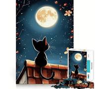 Rompecabezas para Adultos 1000 Piezas Gato Negro bajo la Luna Llena Diversión con Piezas de Corte preciso,Juguete de construcción Que fomenta la concentración,Tiempo de Ocio,Juego artístico