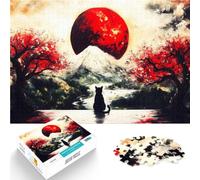 Rompecabezas para Adultos 1000 Piezas Gato Negro bajo la Luna roja Entrena tu Cerebro y Tus Manos decoración de Pared 38x26cm