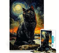 Rompecabezas para Adultos 1000 Piezas Gato Negro bajo una Luna Creciente Diversión con Piezas de Corte preciso,Juguete de construcción Que fomenta la concentración,Tiempo de Ocio,Juego artístico