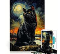 Rompecabezas para Adultos 1000 Piezas Gato Negro bajo una Luna Creciente Diversión con Piezas de Corte preciso,Juguete de construcción Que fomenta la concentración,Tiempo de Ocio,Juego artístico