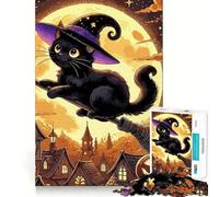 Rompecabezas para Adultos 1000 Piezas Gato Negro Bruja en Escoba Juego de articulaciones afiladas,Juego de ingenio Divertido,Momento de diversión Tranquila,Arte de Ocio navideño 38x52cm