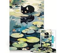 Rompecabezas para Adultos 1000 Piezas Gato Negro sobre nenúfares Reflejo Juego de articulaciones afiladas,Juego Divertido para Pensar,Momento de diversión Tranquila,Arte de Ocio navideño 38x26cm