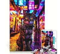 Rompecabezas para Adultos 1000 Piezas Gato neón en un callejón de la Ciudad Juguetes antiestrés Corte de precisión Toda la Familia 38x26cm