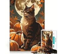 Rompecabezas para Adultos 1000 Piezas Gato y Calabazas bajo la luz de la Luna Juego de Ajuste Acertijo Regalo de ingenio Momento de diversión Relajante Arte (50x75cm)