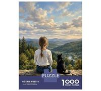 Rompecabezas para Adultos 1000 Piezas Girl and Cat Admire Mountain Landscape Rompecabezas para Adultos Juegos Divertidos Decoración del Hogar Actividades Divertidas En Casa 38x26cm/1000pcs