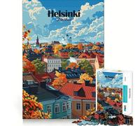 Rompecabezas para Adultos 1000 Piezas Helsinki Finlandia Paisaje Urbano otoñal Ilustración Arte de Borde Premium Juguete de Habilidades cognitivas Juego Casual Juego de cumpleaños Divertido (38x26cm)