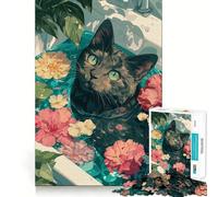 Rompecabezas para Adultos 1000 Piezas Ilustración de Gato en bañera Floral Juego de Ajuste Acertijo Regalo de ingenio Momento de diversión Relajante Arte (50x75cm)