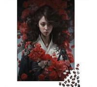 Rompecabezas para Adultos 1000 Piezas Japanese Woman in Kimono with Flowers Rompecabezas para Adolescentes Juego De Ingenio Mejora La Memoria Actividades Divertidas En Casa 70x50cm/1000pcs