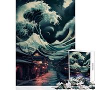 Rompecabezas para Adultos 1000 Piezas Juguete de Pueblo japonés bajo Las Olas decoración de Pared Gran Regalo para Juegos Juego Familiar con póster a Juego y Hoja de Trivia tamaño 38x26cm