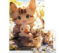 Rompecabezas para Adultos 1000 Piezas Lindo Gatito con Pato Juguete en Agua Juguetes antiestrés Regalo de cumpleaños Juego Educativo Mejora el Amor Entre Parejas Tamaño 38x26cm
