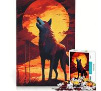 Rompecabezas para Adultos 1000 Piezas Lobo Aullando bajo una Luna ardiente, Juego Familiar, decoración del hogar, con Piezas de Formas aleatorias Que encajan Perfectamente 38x52cm