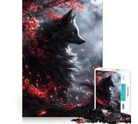 Rompecabezas para adultos 1000 piezas Lobo negro en flor de cerezo Diversión de corte preciso,juguete de construcción que estimula la concentración,tiempo de ocio,juego artístico de cumpleaños 38x52cm