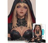 Rompecabezas para Adultos 1000 Piezas Mujer Rubia con Capucha Negra,Corte Ajustado,Divertido,Juguete de construcción,Tiempo de Ocio,Juego artístico de cumpleaños 38x26cm