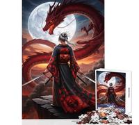 Rompecabezas para Adultos 1000 Piezas Mujer samurái Frente a dragón Rojo Decoración del hogar Juguetes Regalo de cumpleaños Juego práctico Interacción Entre Padres e Hijos tamaño 50x75cm