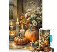 Rompecabezas para Adultos 1000 Piezas Naturaleza Muerta otoñal con Calabazas y Velas Arte de Corte Exacto Juego Divertido Juego de relajación Decoración navideña para la Pared (38x52cm)