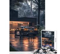 Rompecabezas para Adultos 1000 Piezas Nissan GTR R en casa de Lujo y Bosque Juguete Decorativo para Pared Gran Regalo para Juegos Juego Familiar con póster a Juego y Hoja de Trivia tamaño 38x26cm