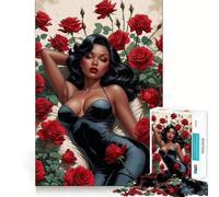 Rompecabezas para Adultos 1000 Piezas Pin-up Negra con Sexy Body Negro en Rosas Rojas Corte Ajustado Divertido,Juguete de construcción para concentrarse,Tiempo de Ocio,Juego artístico de cumpleaños