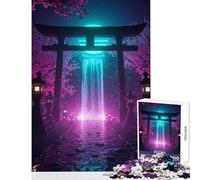 Rompecabezas para Adultos 1000 Piezas Puerta Torii Japonesa de neón con Cascada Juguete Educativo Gran Regalo para Juegos Juego Imposible Mejora el Amor Entre Parejas tamaño 38x52cm