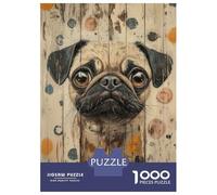 Rompecabezas para Adultos 1000 Piezas Pug Portrait on Wood Panel Cute Dog Portrait Rompecabezas para Adultos Juego Práctico Mejora La Memoria Actividades Divertidas En Casa 70x50cm/1000pcs