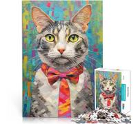 Rompecabezas para Adultos 1000 Piezas Retrato de Gato con Pajarita Divertida Juguetes de Juego Decoración artística del hogar 38x26cm