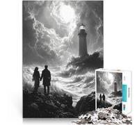 Rompecabezas para Adultos 1000 Piezas Romántica Costa tormentosa con Faro - Arte al carbón Rompecabezas Decoración del hogar 38x26cm
