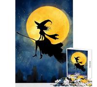 Rompecabezas para Adultos 1000 Piezas Silueta de Bruja Volando en Escoba Juguete Educativo Regalos de Amigo Secreto Juegos Divertidos Mejorar el Amor en Pareja Tamaño 50x75cm