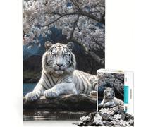 Rompecabezas para Adultos 1000 Piezas Tigre Blanco bajo cerezos en Flor Juego práctico para divertirse en Familia para Fortalecer el Amor Entre Parejas 38x52cm
