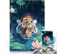 Rompecabezas para Adultos 1000 Piezas Tigre Nadando en el Estanque de lotos desafío Educativo Decoración artística del hogar 52x38cm